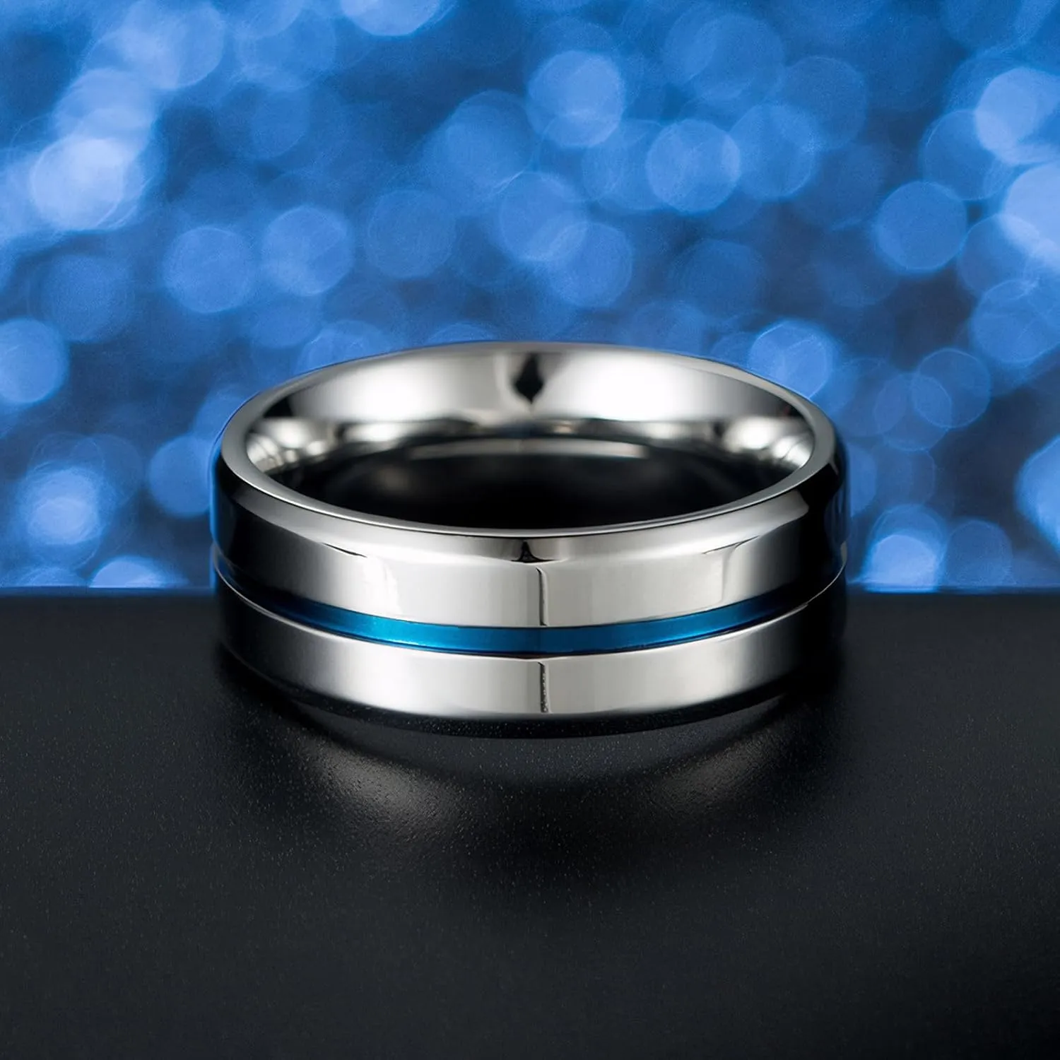 MMTTAO Men's Titanium Ring Wedding Bands for Men Women 6MM 8MM 10MM Black/Blue/Silver Engagement Band Wedding Rings Beveled Edge Brushed Matte Finished & Polished Grooved Center Comfort Fit Size 5-15