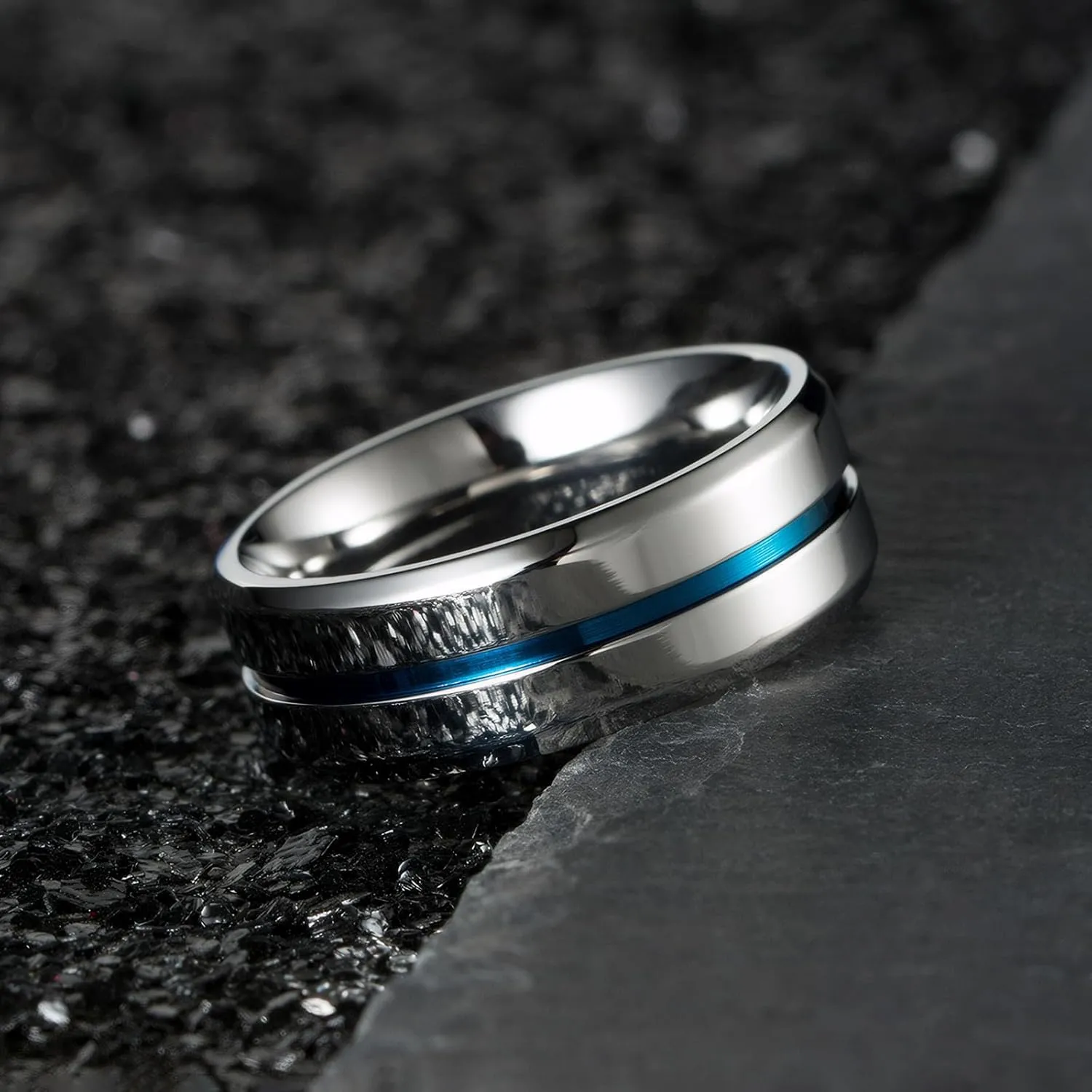 MMTTAO Men's Titanium Ring Wedding Bands for Men Women 6MM 8MM 10MM Black/Blue/Silver Engagement Band Wedding Rings Beveled Edge Brushed Matte Finished & Polished Grooved Center Comfort Fit Size 5-15