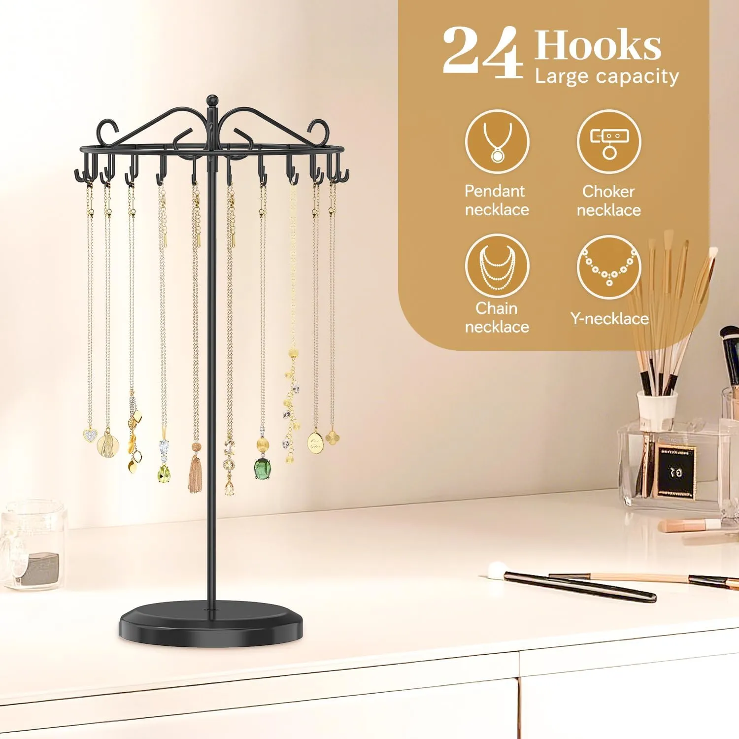 MODOWEY Rotating Necklace Holder Organizer Display Stand with 24 Hooks, Metal Spinning Tree for Long & Short Necklace Hanger Selling, Tall Spinning Bracelet Storage Rack for Men Women Dresser, Black