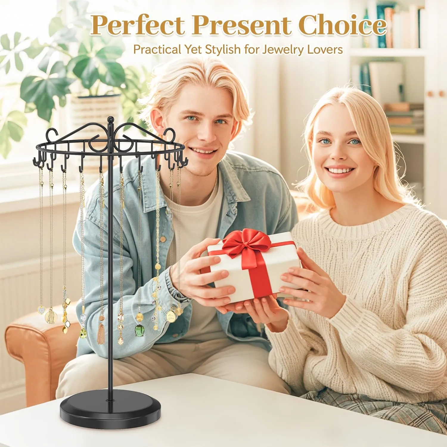 MODOWEY Rotating Necklace Holder Organizer Display Stand with 24 Hooks, Metal Spinning Tree for Long & Short Necklace Hanger Selling, Tall Spinning Bracelet Storage Rack for Men Women Dresser, Black