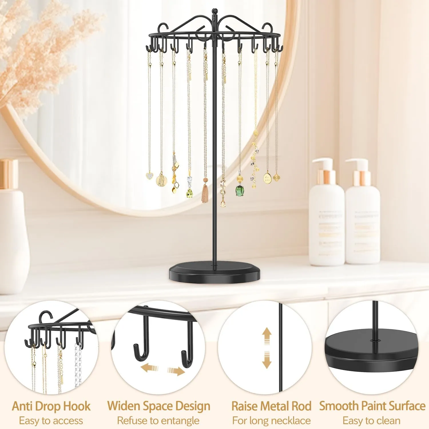 MODOWEY Rotating Necklace Holder Organizer Display Stand with 24 Hooks, Metal Spinning Tree for Long & Short Necklace Hanger Selling, Tall Spinning Bracelet Storage Rack for Men Women Dresser, Black