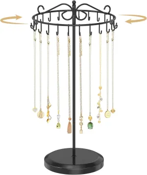 MODOWEY Rotating Necklace Holder Organizer Display Stand with 24 Hooks, Metal Spinning Tree for Long & Short Necklace Hanger Selling, Tall Spinning Bracelet Storage Rack for Men Women Dresser, Black