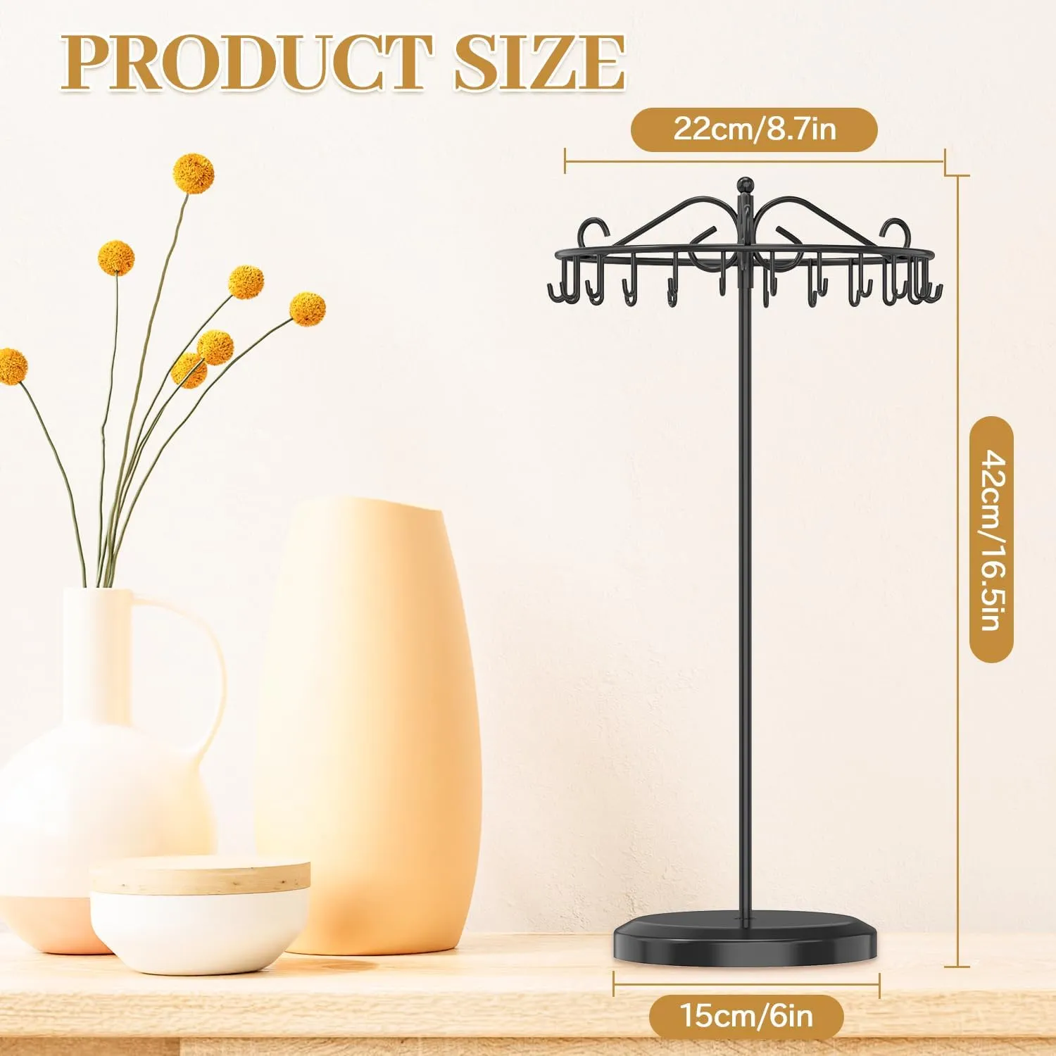 MODOWEY Rotating Necklace Holder Organizer Display Stand with 24 Hooks, Metal Spinning Tree for Long & Short Necklace Hanger Selling, Tall Spinning Bracelet Storage Rack for Men Women Dresser, Black