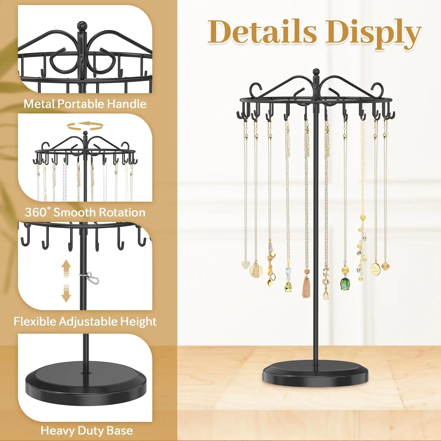 MODOWEY Rotating Necklace Holder Organizer Display Stand with 24 Hooks, Metal Spinning Tree for Long & Short Necklace Hanger Selling, Tall Spinning Bracelet Storage Rack for Men Women Dresser, Black