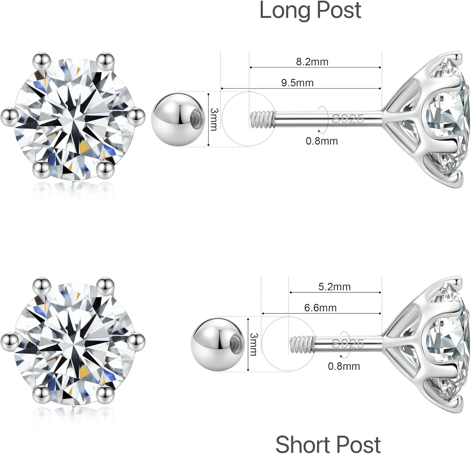 Moissanite Screw Backs Stud Earrings, GRA Certification, 6 prongs Solitaire Moissanite Diamonds Screw Backs Silver Stud Earrings, Short 6mm or Long 9mm Post Options, Sleep Wearing Hypoallergic
