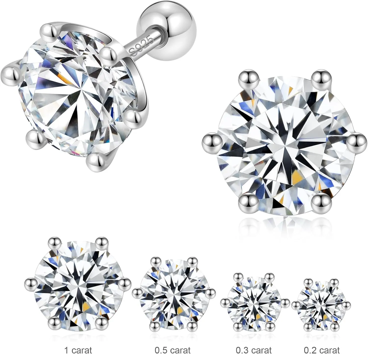 Moissanite Screw Backs Stud Earrings, GRA Certification, 6 prongs Solitaire Moissanite Diamonds Screw Backs Silver Stud Earrings, Short 6mm or Long 9mm Post Options, Sleep Wearing Hypoallergic