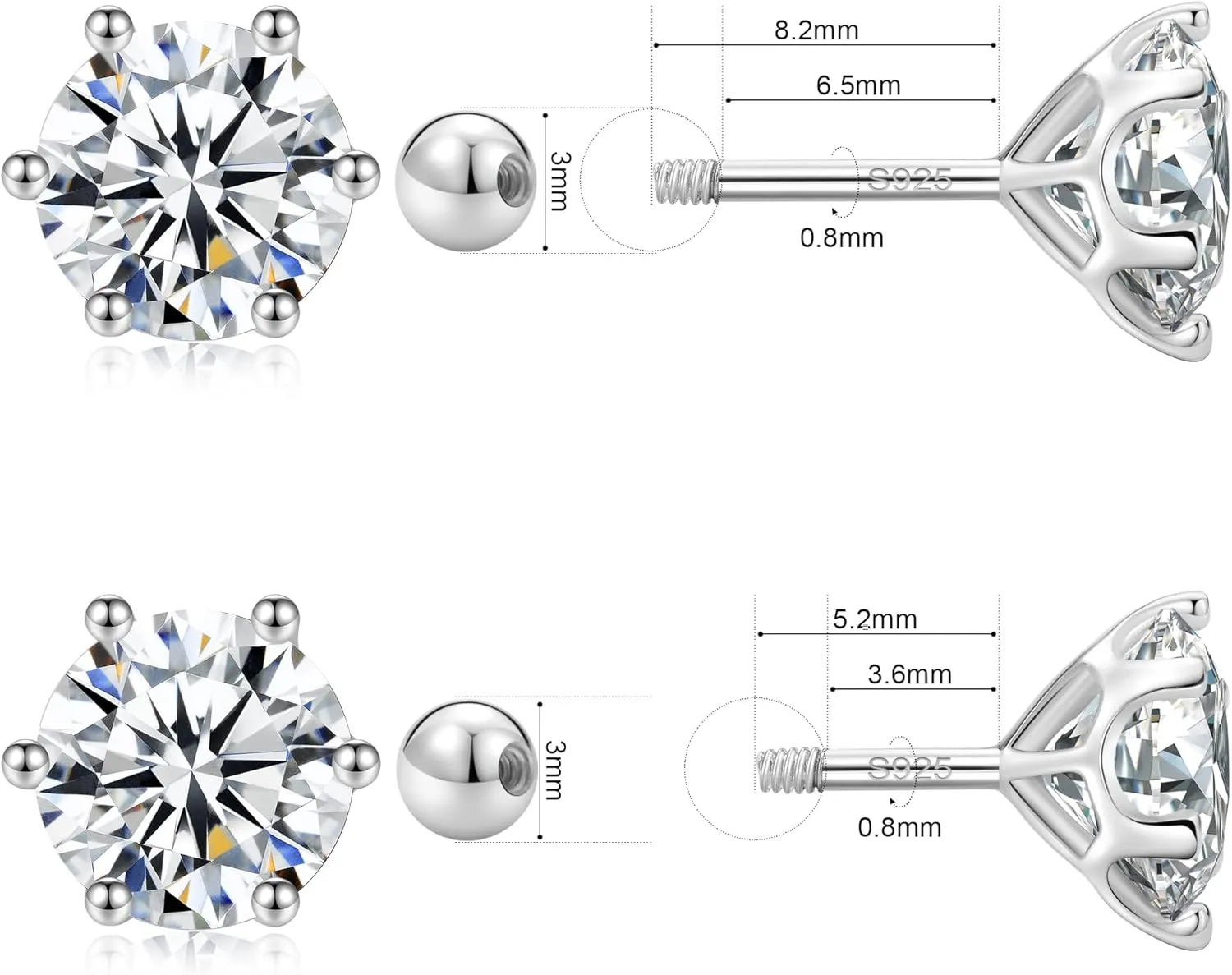 Moissanite Screw Backs Stud Earrings, GRA Certification, 6 prongs Solitaire Moissanite Diamonds Screw Backs Silver Stud Earrings, Short 6mm or Long 9mm Post Options, Sleep Wearing Hypoallergic