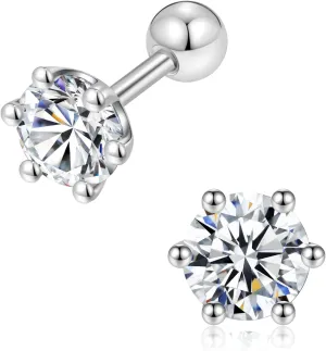 Moissanite Screw Backs Stud Earrings, GRA Certification, 6 prongs Solitaire Moissanite Diamonds Screw Backs Silver Stud Earrings, Short 6mm or Long 9mm Post Options, Sleep Wearing Hypoallergic