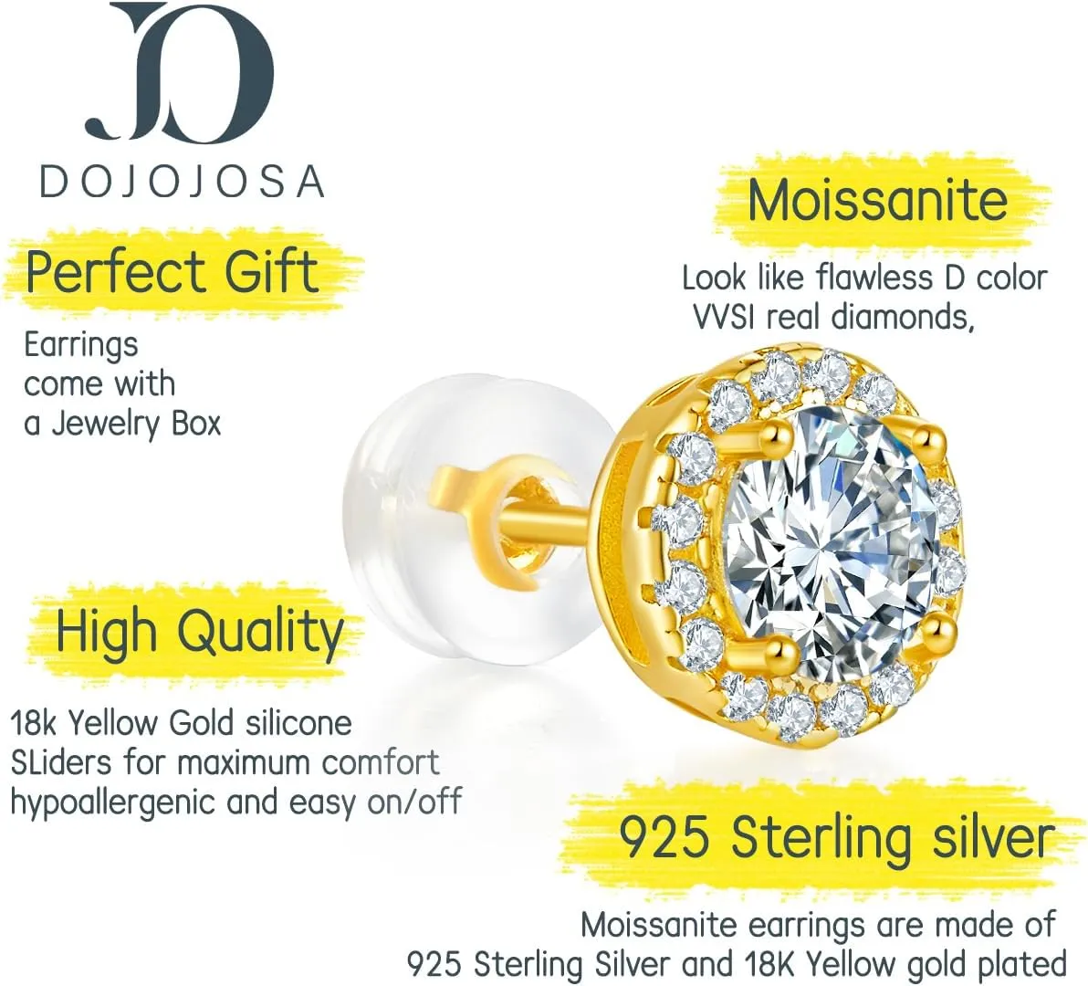 Moissanite Stud Earrings 925 Sterling Silver Lab Created Earrings for Women Men DOJOJOSA Jewelry Gifts