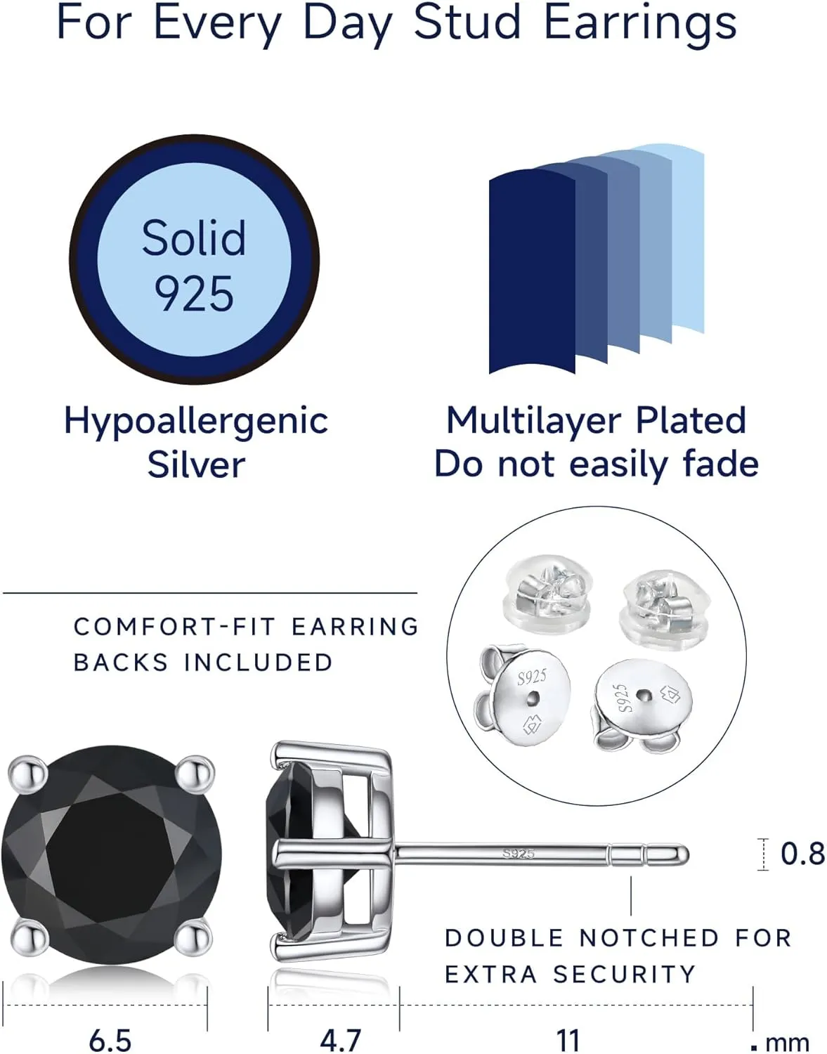 MomentWish Black Moissanite Stud Earrings, Moissanite Earrings for Women Men, D Color VVS1 Simulated Diamond 925 Sterling Silver Solitaire/Halo Studs