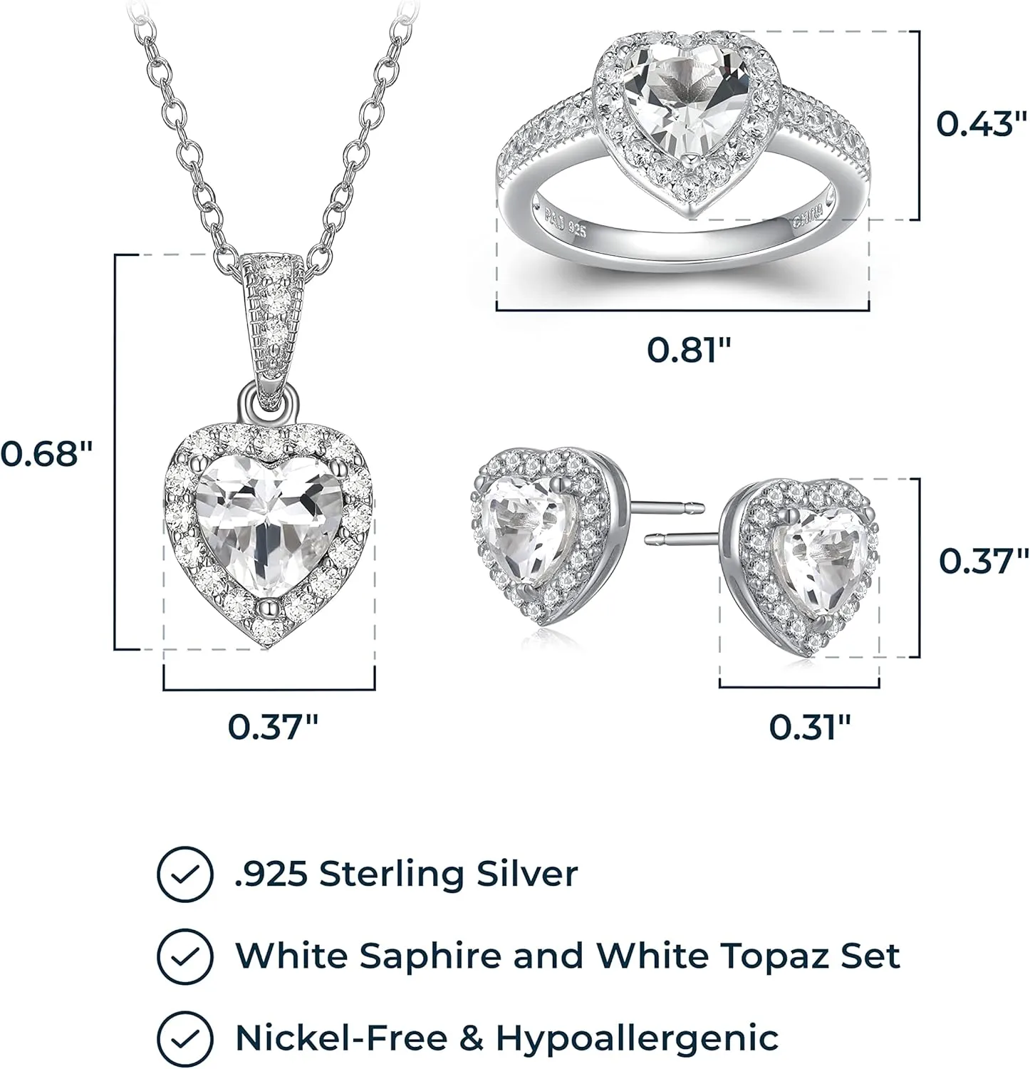 MORGAN & PAIGE .925 Sterling Silver Gemstones and White Sapphire Halo Heart Pendant Necklace, Ring and Stud Earrings for Women Set - Birthstone Jewelry Sets for Women, 18in Cable Chain, Size 7 Ring