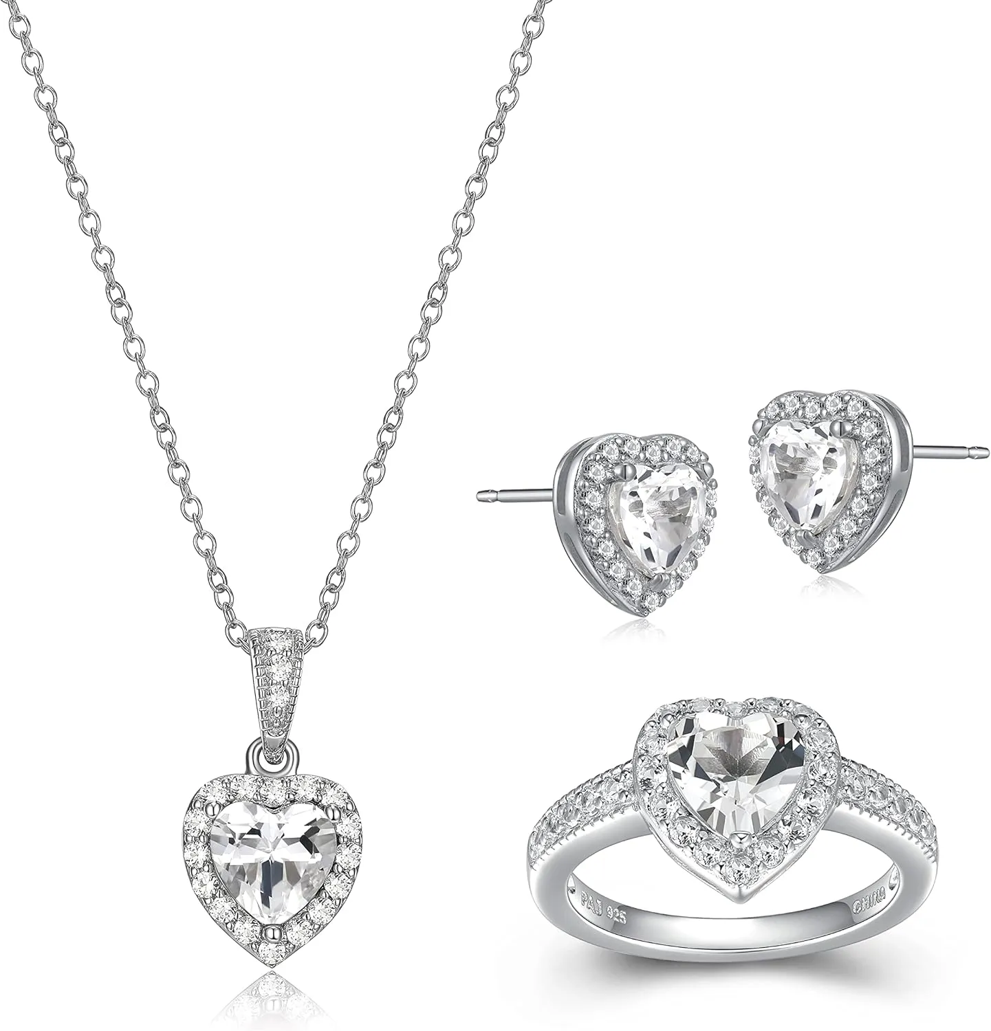 MORGAN & PAIGE .925 Sterling Silver Gemstones and White Sapphire Halo Heart Pendant Necklace, Ring and Stud Earrings for Women Set - Birthstone Jewelry Sets for Women, 18in Cable Chain, Size 7 Ring
