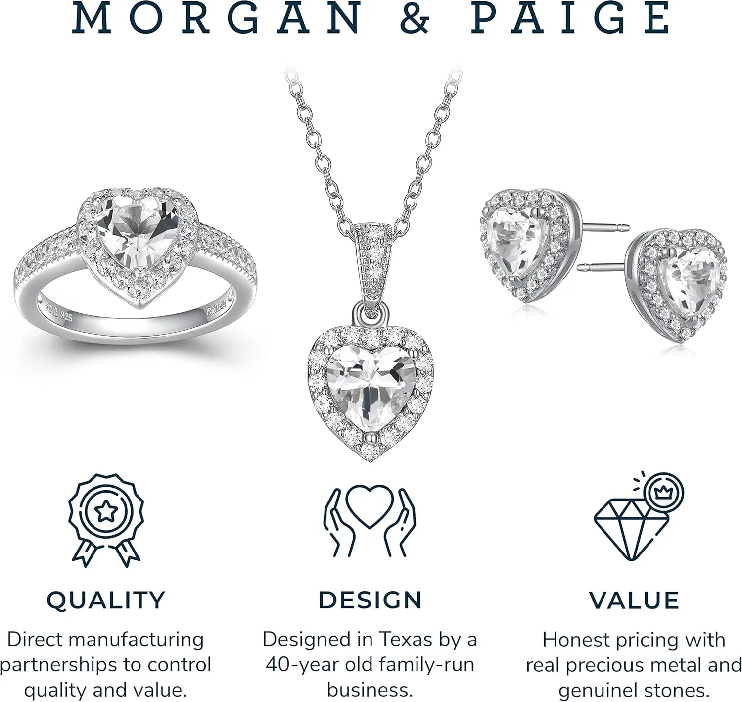 MORGAN & PAIGE .925 Sterling Silver Gemstones and White Sapphire Halo Heart Pendant Necklace, Ring and Stud Earrings for Women Set - Birthstone Jewelry Sets for Women, 18in Cable Chain, Size 7 Ring