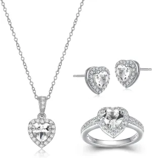 MORGAN & PAIGE .925 Sterling Silver Gemstones and White Sapphire Halo Heart Pendant Necklace, Ring and Stud Earrings for Women Set - Birthstone Jewelry Sets for Women, 18in Cable Chain, Size 7 Ring