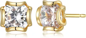 MORGAN & PAIGE .925 Sterling Silver Rhodium, Rose or Yellow Gold Plated Flower Basket Stud Earrings for Women - Hypoallergenic Champagne Cubic Zirconia Earrings Studs Brilliant Square-Cut Design