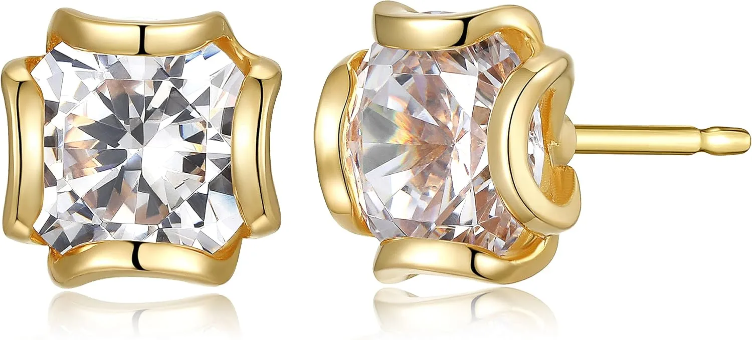 MORGAN & PAIGE .925 Sterling Silver Rhodium, Rose or Yellow Gold Plated Flower Basket Stud Earrings for Women - Hypoallergenic Champagne Cubic Zirconia Earrings Studs Brilliant Square-Cut Design