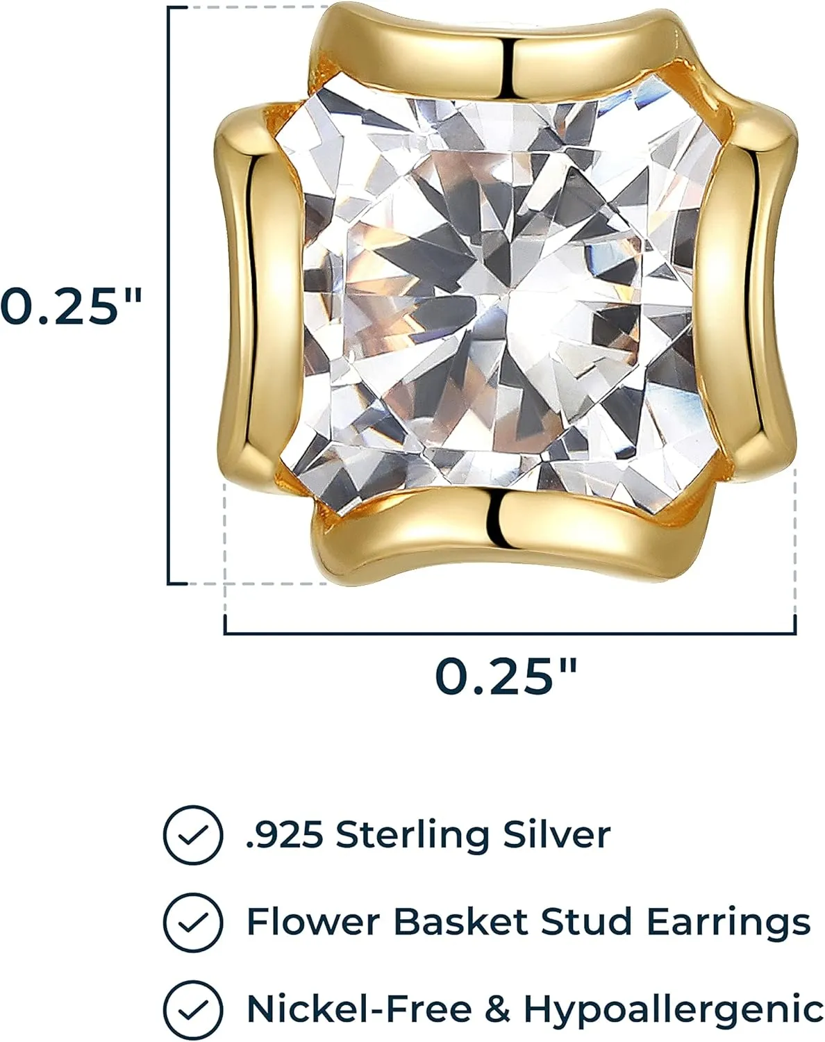 MORGAN & PAIGE .925 Sterling Silver Rhodium, Rose or Yellow Gold Plated Flower Basket Stud Earrings for Women - Hypoallergenic Champagne Cubic Zirconia Earrings Studs Brilliant Square-Cut Design
