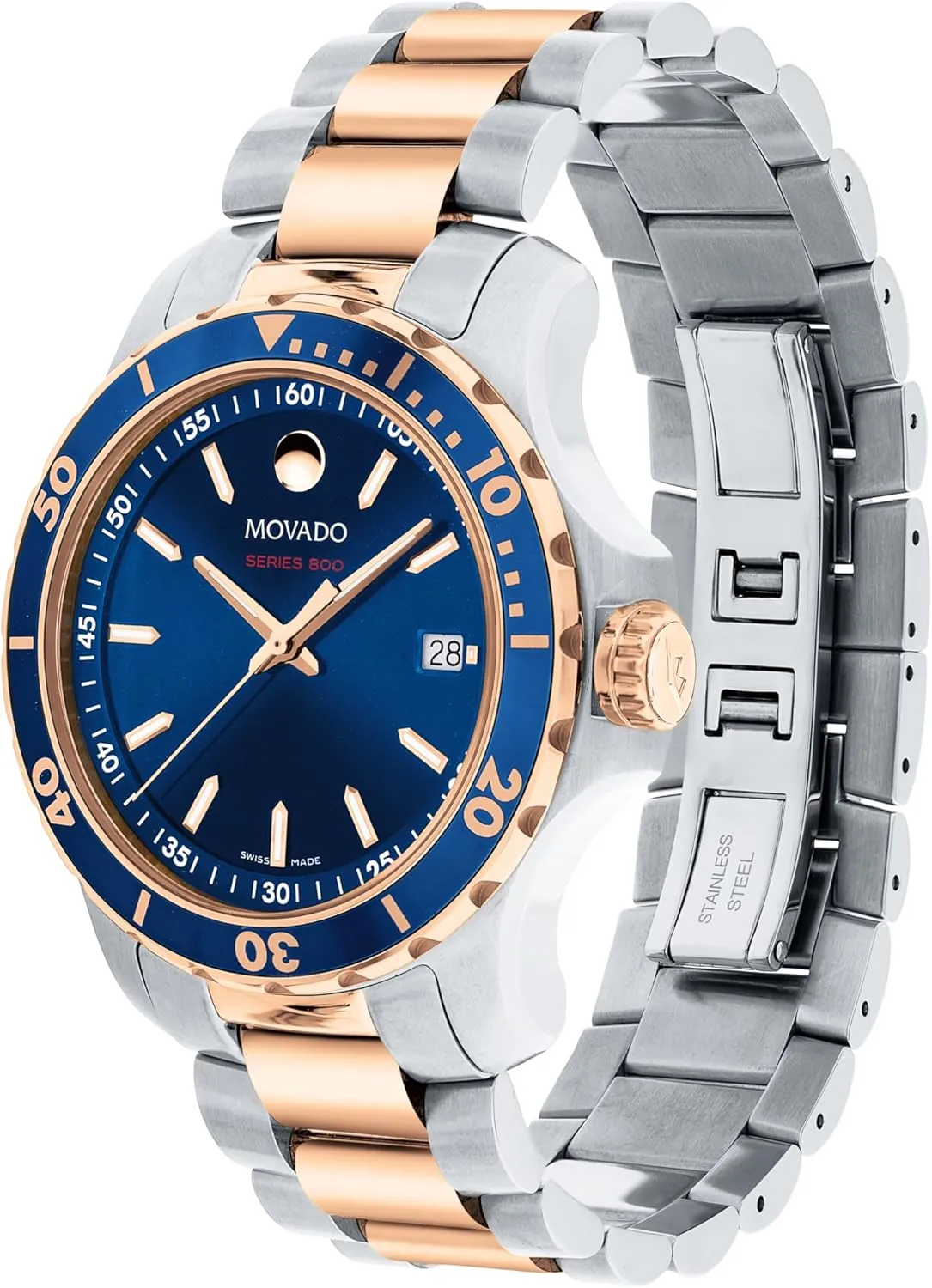 Movado Series 800 Men's Sport Watch - Swiss Quartz Movement, Stainless Steel Link Bracelet - 20 ATM Water Resistance - Luxury Fashion Timepiece for Him - Diver-Inspired - 40mm