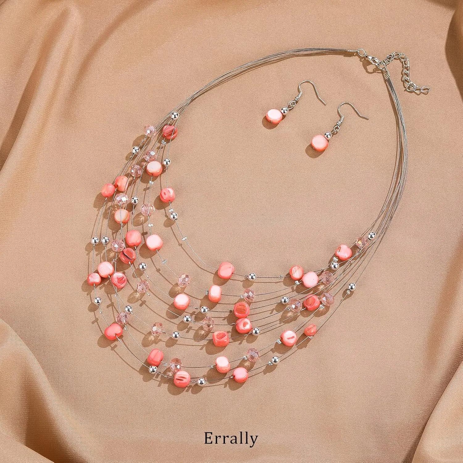 Multi-Layer Boho Shell Beaded Necklace for Women Colorful Crystal Strand with Silver Beads Statement Collars Necklace and Earrings Costumes Jewelry Sets for Women