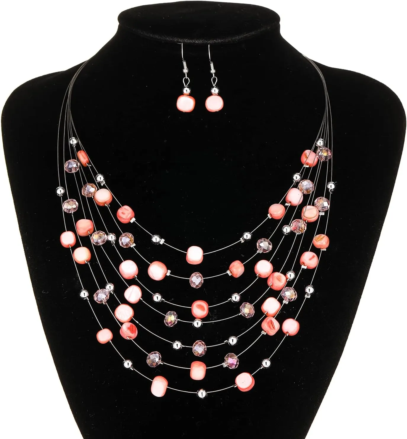 Multi-Layer Boho Shell Beaded Necklace for Women Colorful Crystal Strand with Silver Beads Statement Collars Necklace and Earrings Costumes Jewelry Sets for Women