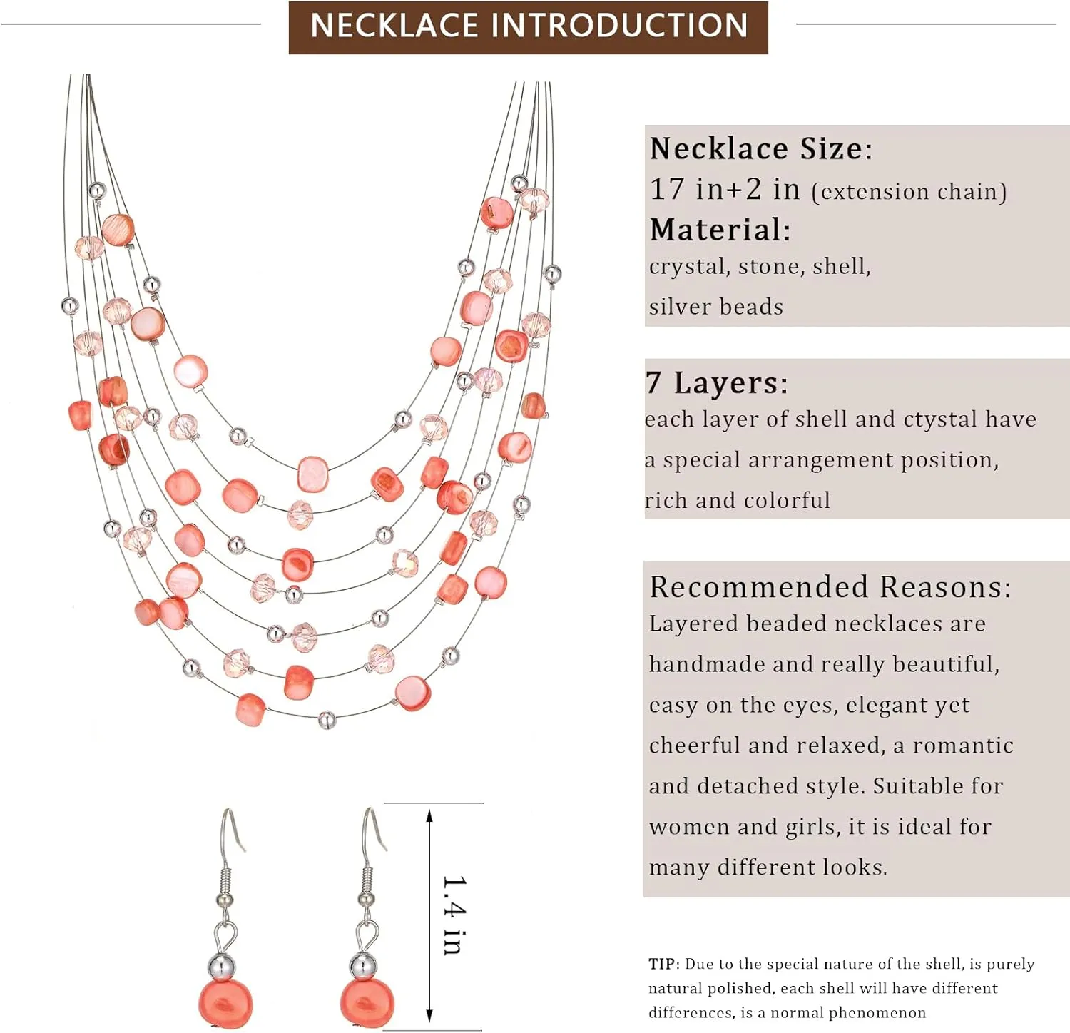 Multi-Layer Boho Shell Beaded Necklace for Women Colorful Crystal Strand with Silver Beads Statement Collars Necklace and Earrings Costumes Jewelry Sets for Women
