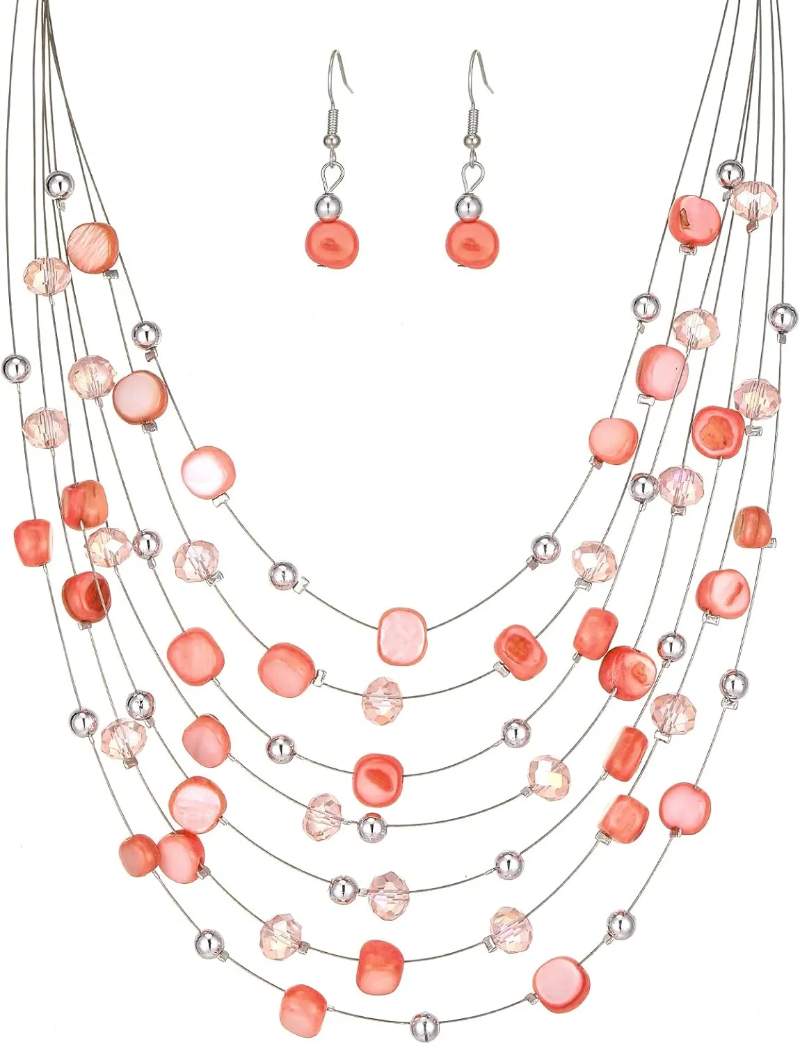 Multi-Layer Boho Shell Beaded Necklace for Women Colorful Crystal Strand with Silver Beads Statement Collars Necklace and Earrings Costumes Jewelry Sets for Women