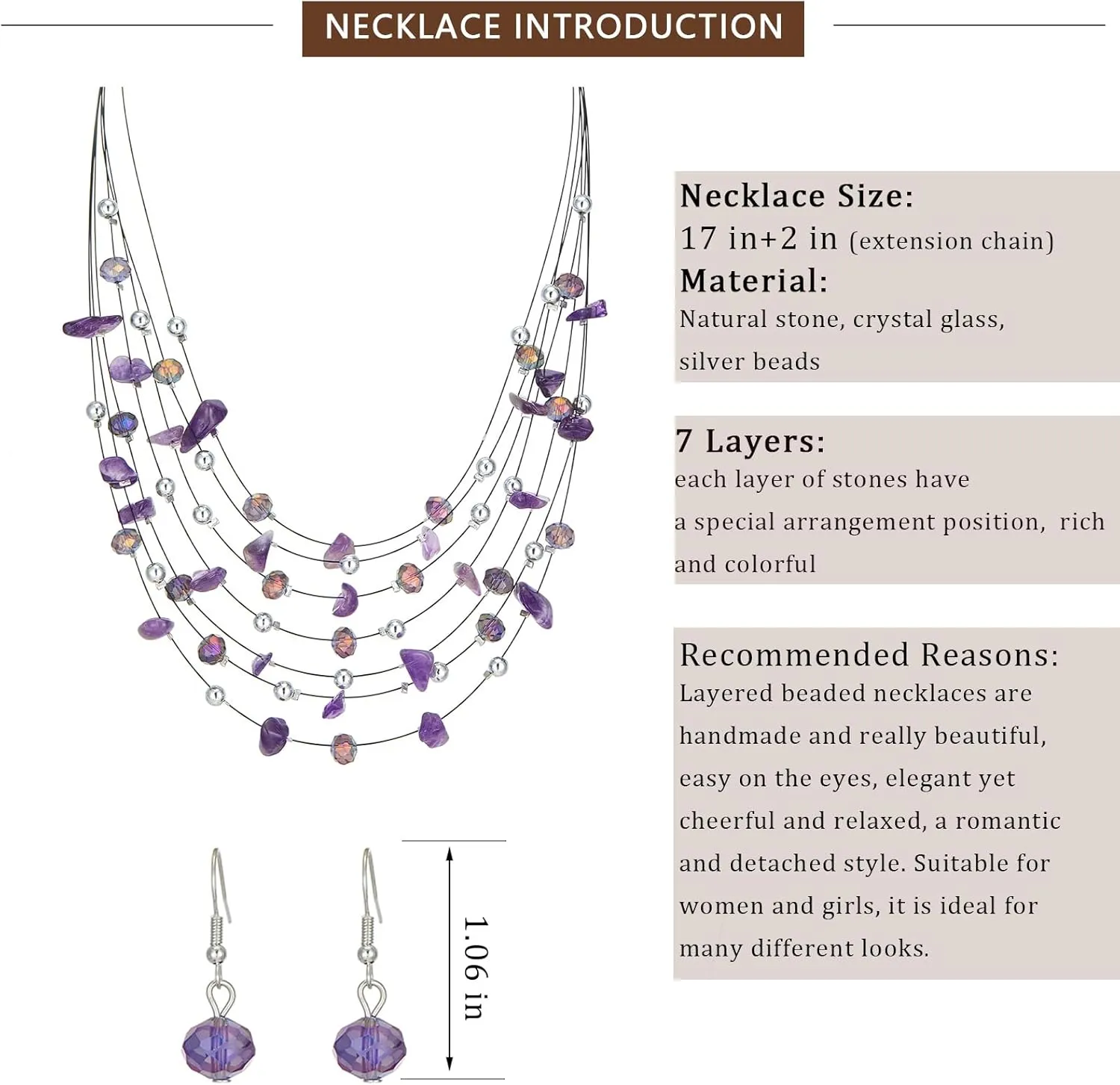 Multi-Layer Boho Shell Beaded Necklace for Women Colorful Crystal Strand with Silver Beads Statement Collars Necklace and Earrings Costumes Jewelry Sets for Women