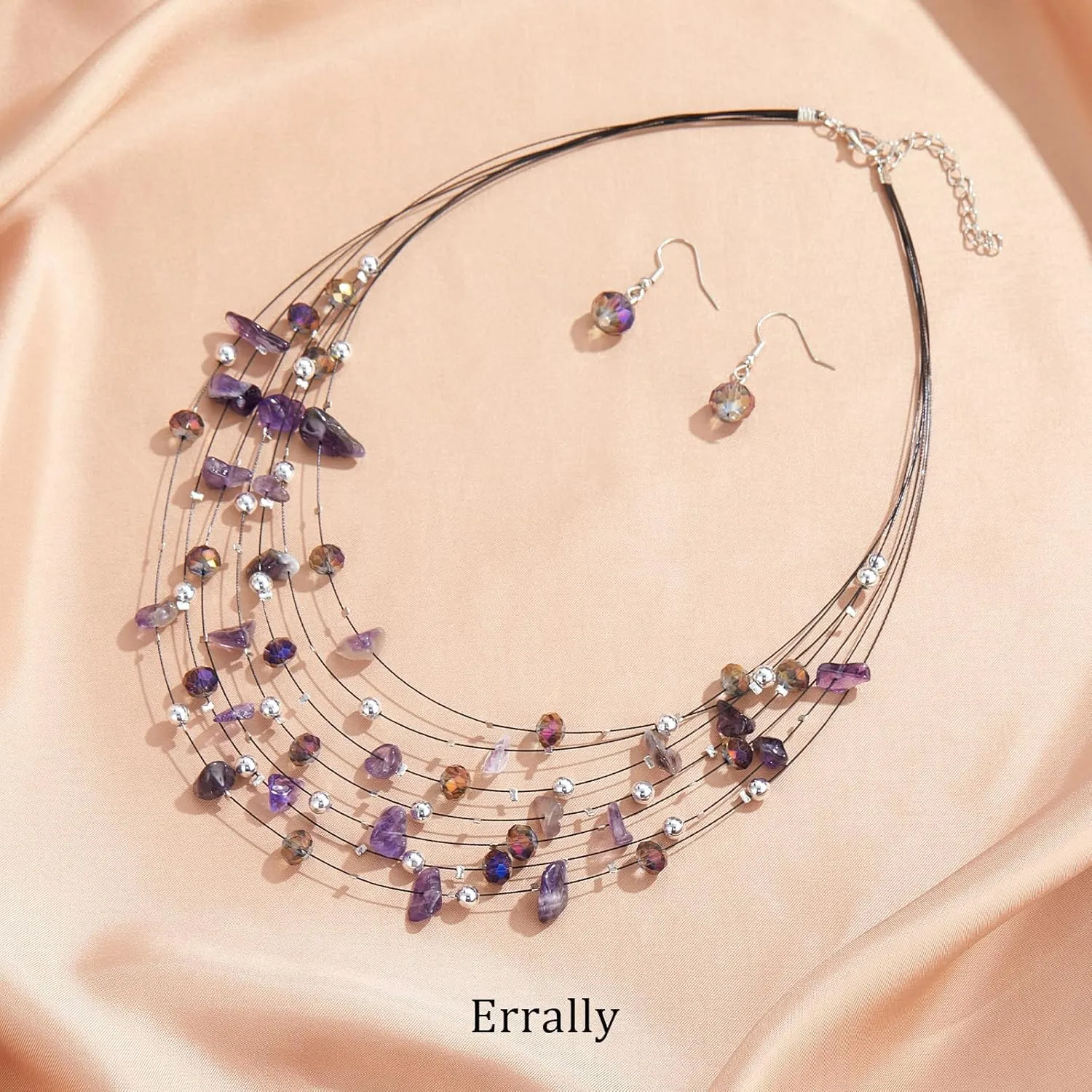 Multi-Layer Boho Shell Beaded Necklace for Women Colorful Crystal Strand with Silver Beads Statement Collars Necklace and Earrings Costumes Jewelry Sets for Women