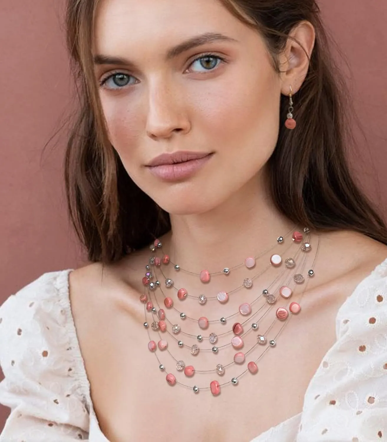 Multi-Layer Boho Shell Beaded Necklace for Women Colorful Crystal Strand with Silver Beads Statement Collars Necklace and Earrings Costumes Jewelry Sets for Women