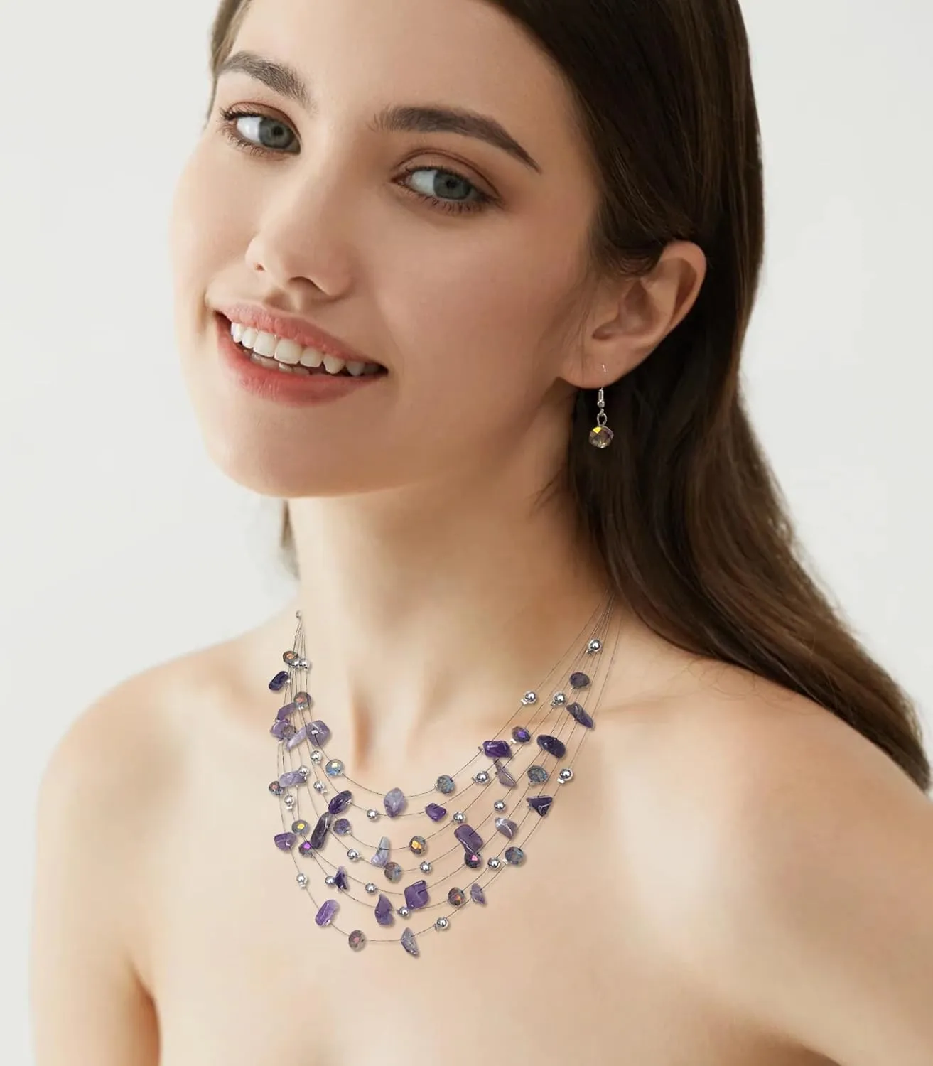 Multi-Layer Boho Shell Beaded Necklace for Women Colorful Crystal Strand with Silver Beads Statement Collars Necklace and Earrings Costumes Jewelry Sets for Women