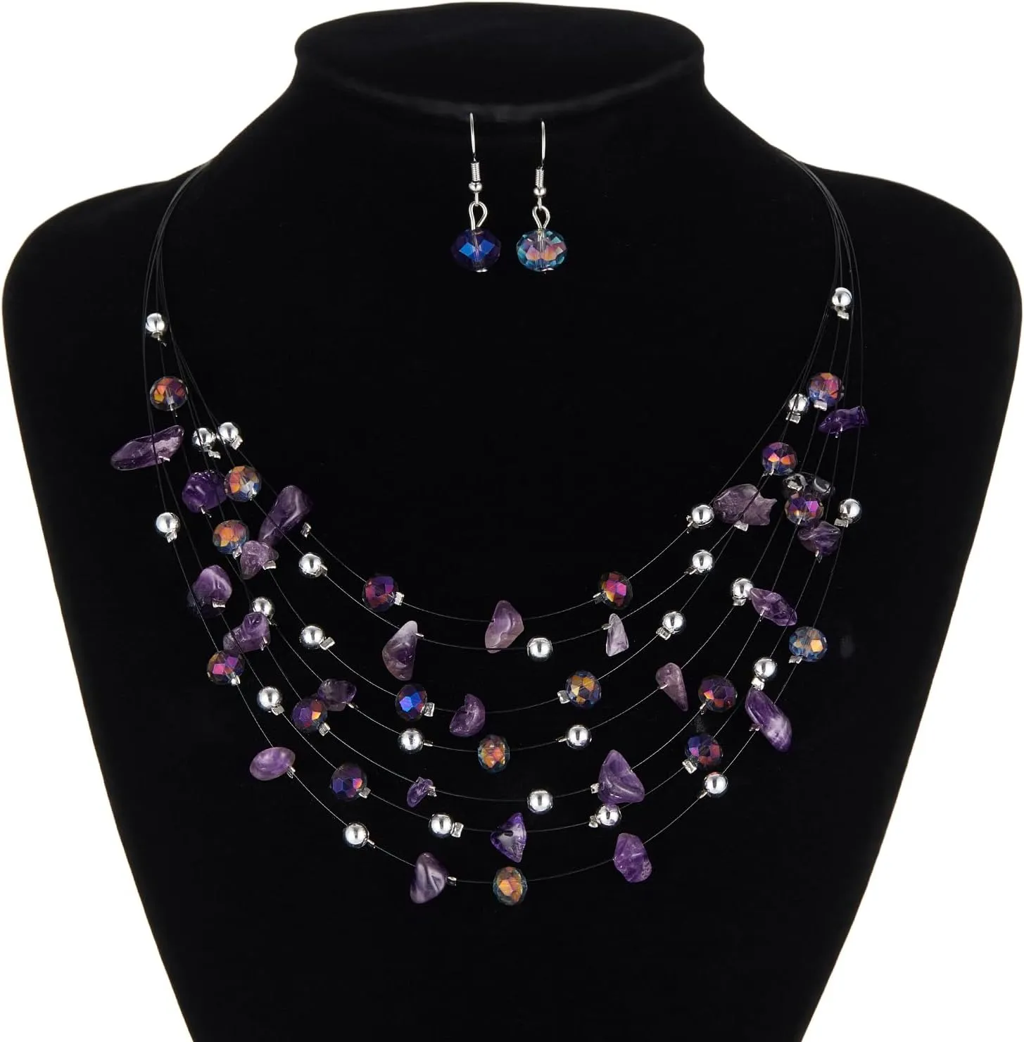 Multi-Layer Boho Shell Beaded Necklace for Women Colorful Crystal Strand with Silver Beads Statement Collars Necklace and Earrings Costumes Jewelry Sets for Women