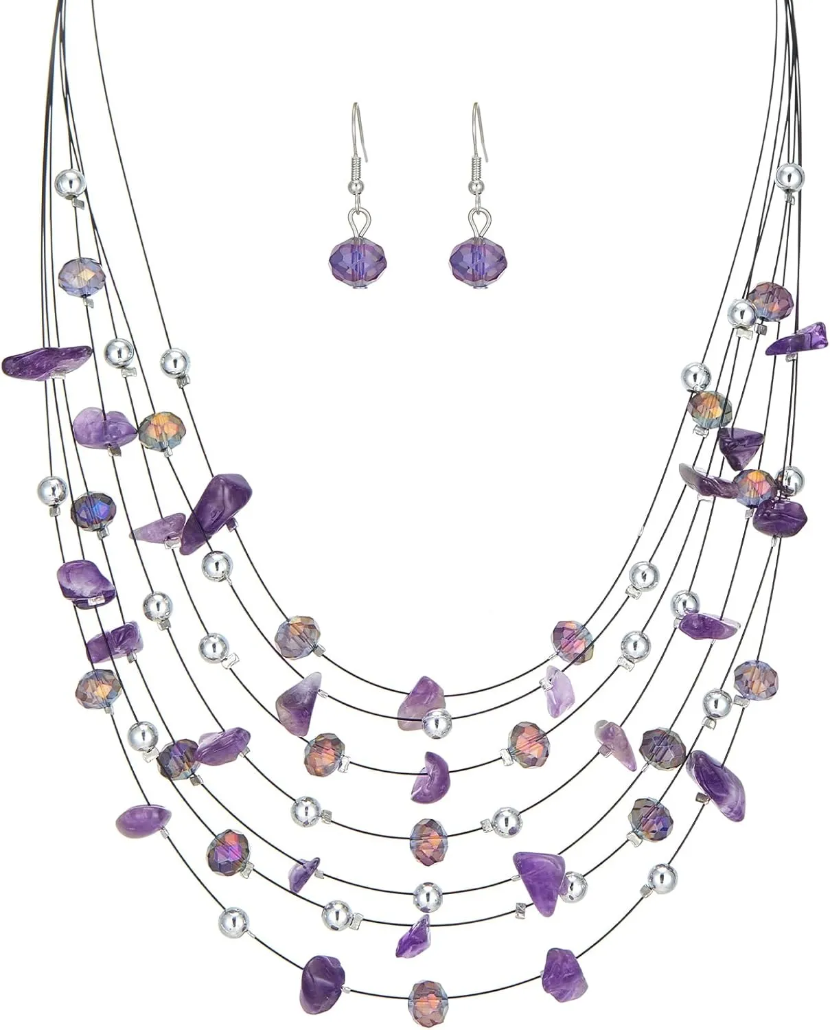Multi-Layer Boho Shell Beaded Necklace for Women Colorful Crystal Strand with Silver Beads Statement Collars Necklace and Earrings Costumes Jewelry Sets for Women