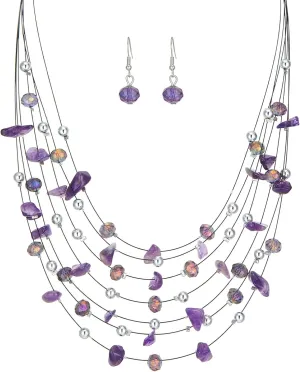 Multi-Layer Boho Shell Beaded Necklace for Women Colorful Crystal Strand with Silver Beads Statement Collars Necklace and Earrings Costumes Jewelry Sets for Women