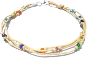 Multicolor Glass Beaded Three String Hemp Anklet - Handmade