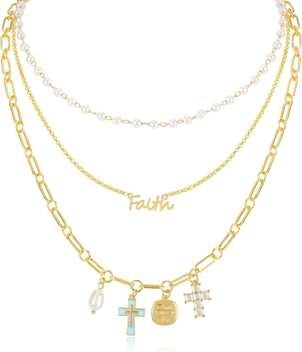 Multilayered Gold Cross Pendant Necklace for Women 14K Gold Plated Letter Faith Cross Charm Necklace Pearl Choker Cubic Zirconia Cross Necklace Adjustable Trendy Religious Jewelry Gift for Women Men