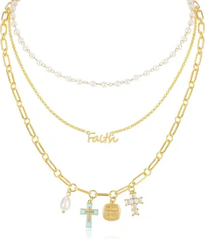 Multilayered Gold Cross Pendant Necklace for Women 14K Gold Plated Letter Faith Cross Charm Necklace Pearl Choker Cubic Zirconia Cross Necklace Adjustable Trendy Religious Jewelry Gift for Women Men