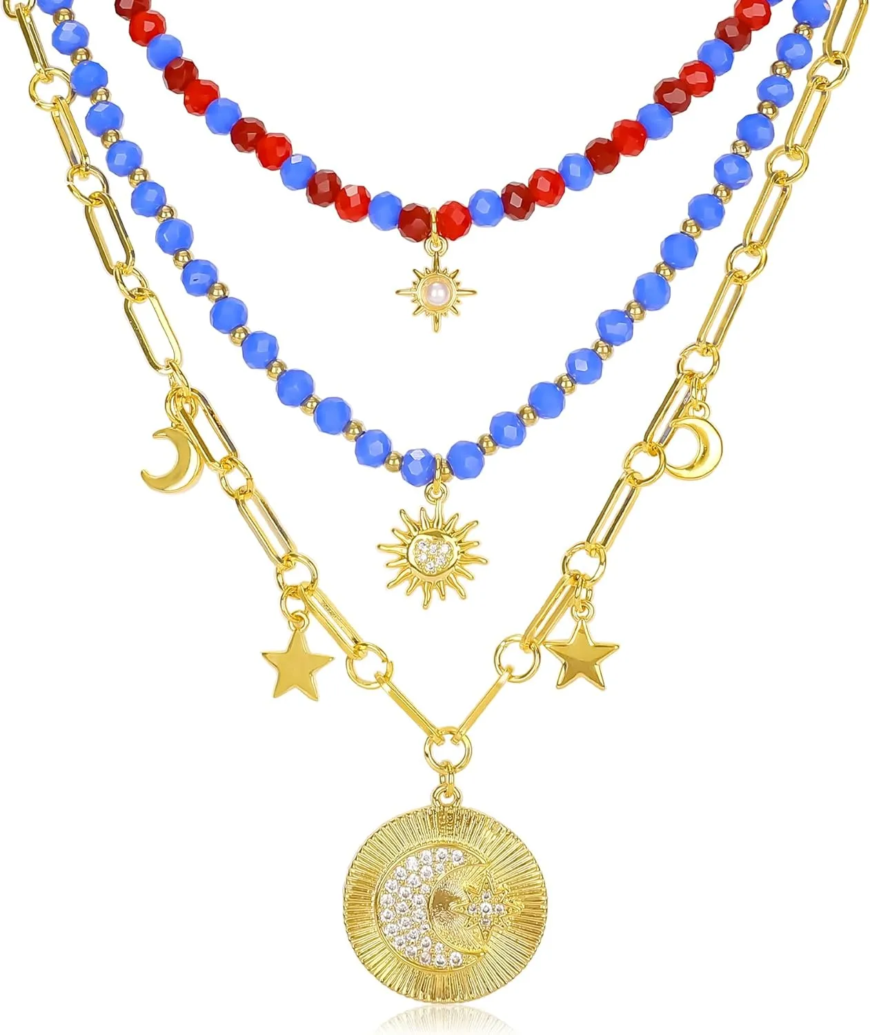 Multilayered Gold Star Sun Moon Pendant Necklace for Women 14K Gold Plated Moon Star Charm Necklace with Colorful Faceted Glass Beads Beaded Choker Necklace Adjustable Bohemian Jewelry Gift for Women
