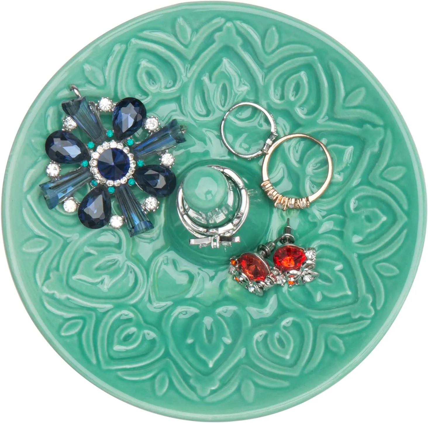 MyGift Decorative Embossed Heart Design Turquoise Ceramic Jewelry/Ring Dish