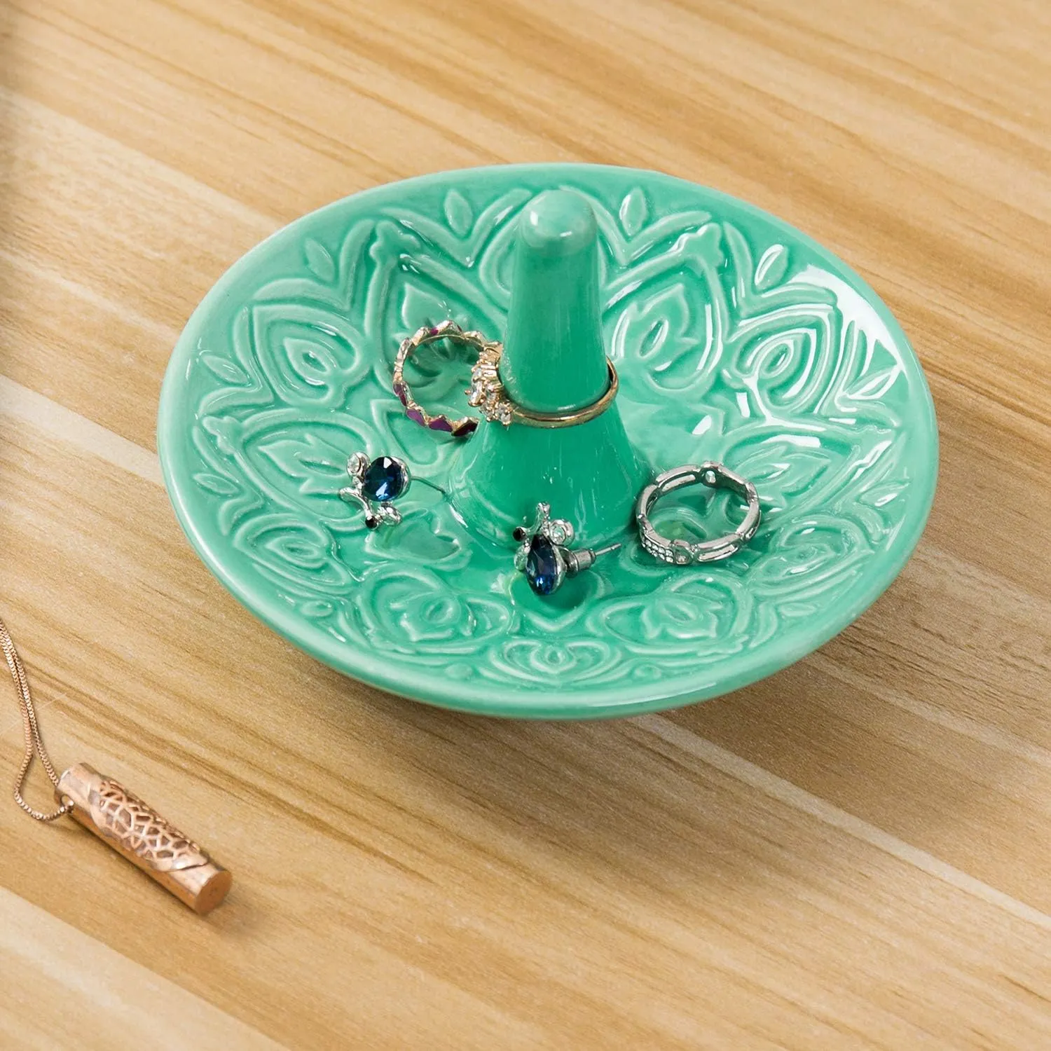 MyGift Decorative Embossed Heart Design Turquoise Ceramic Jewelry/Ring Dish