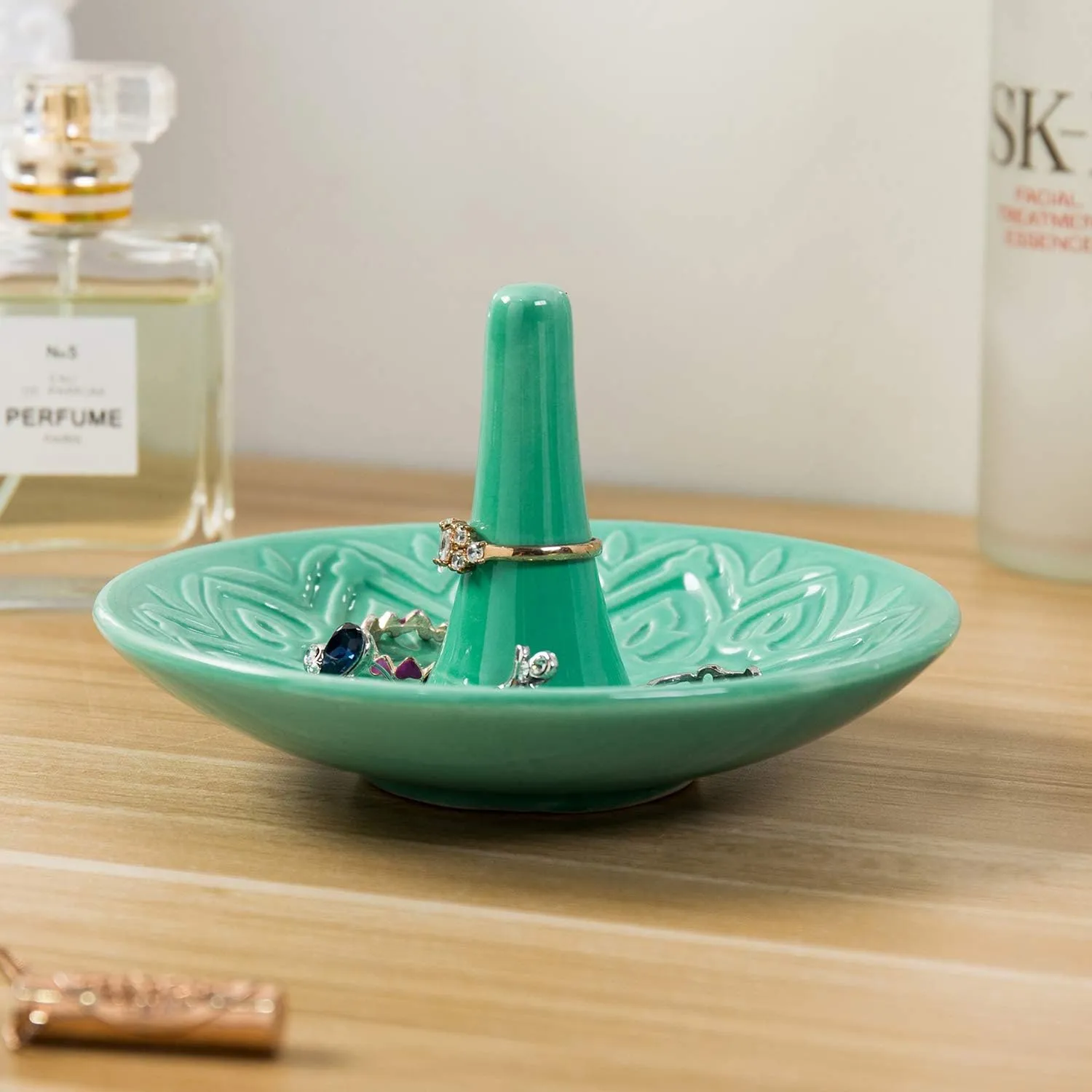MyGift Decorative Embossed Heart Design Turquoise Ceramic Jewelry/Ring Dish