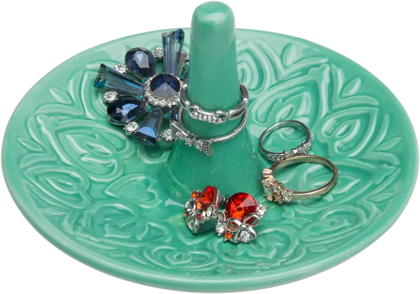 MyGift Decorative Embossed Heart Design Turquoise Ceramic Jewelry/Ring Dish