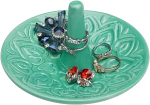 MyGift Decorative Embossed Heart Design Turquoise Ceramic Jewelry/Ring Dish