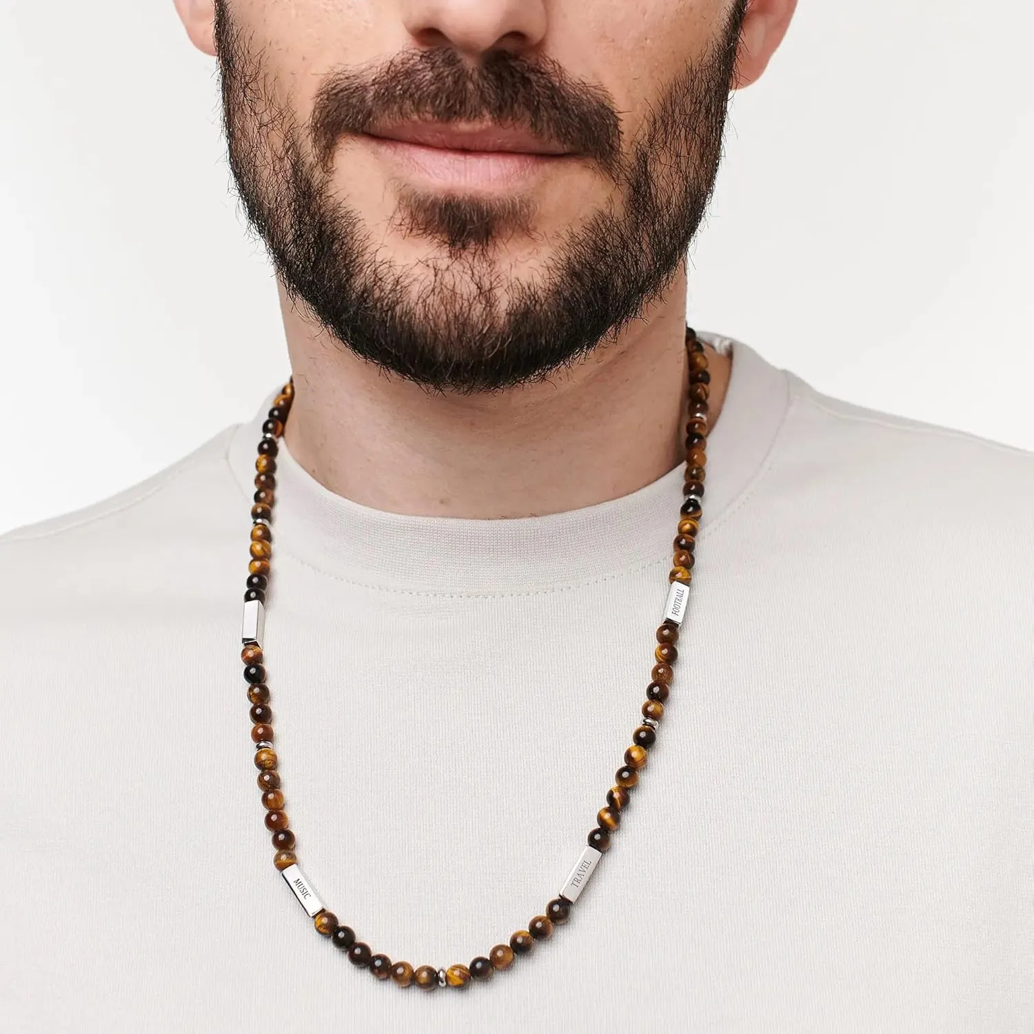 MYKA - Personalized East Coast Custom Lava/Lapis/Tiger Eye Necklace with Custom Stainless Steel Plaques for Men, Him