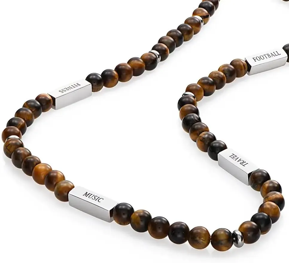 MYKA - Personalized East Coast Custom Lava/Lapis/Tiger Eye Necklace with Custom Stainless Steel Plaques for Men, Him