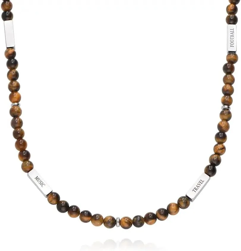 MYKA - Personalized East Coast Custom Lava/Lapis/Tiger Eye Necklace with Custom Stainless Steel Plaques for Men, Him