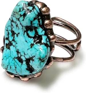Natural Gemstone Rings for Women, Raw Crystal Rings with Soldering Bronze Band for Men, Handmade Boho Vintage Turquoise Fluorite Citrine Jewelry Open Ring, Adjustable Ring.