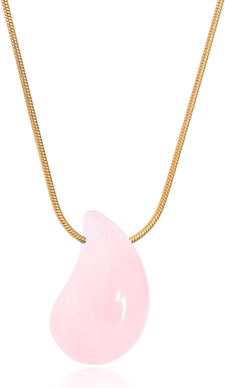 Natural Gemstone Teardrop Necklace Pendant for Women 18K Real Gold Plated Stone Chain Necklace Healing Turquoise/Pink Crystal/Lapis Lauzli/Green Aventurine Jewelry Gift for Wife Girlfriend