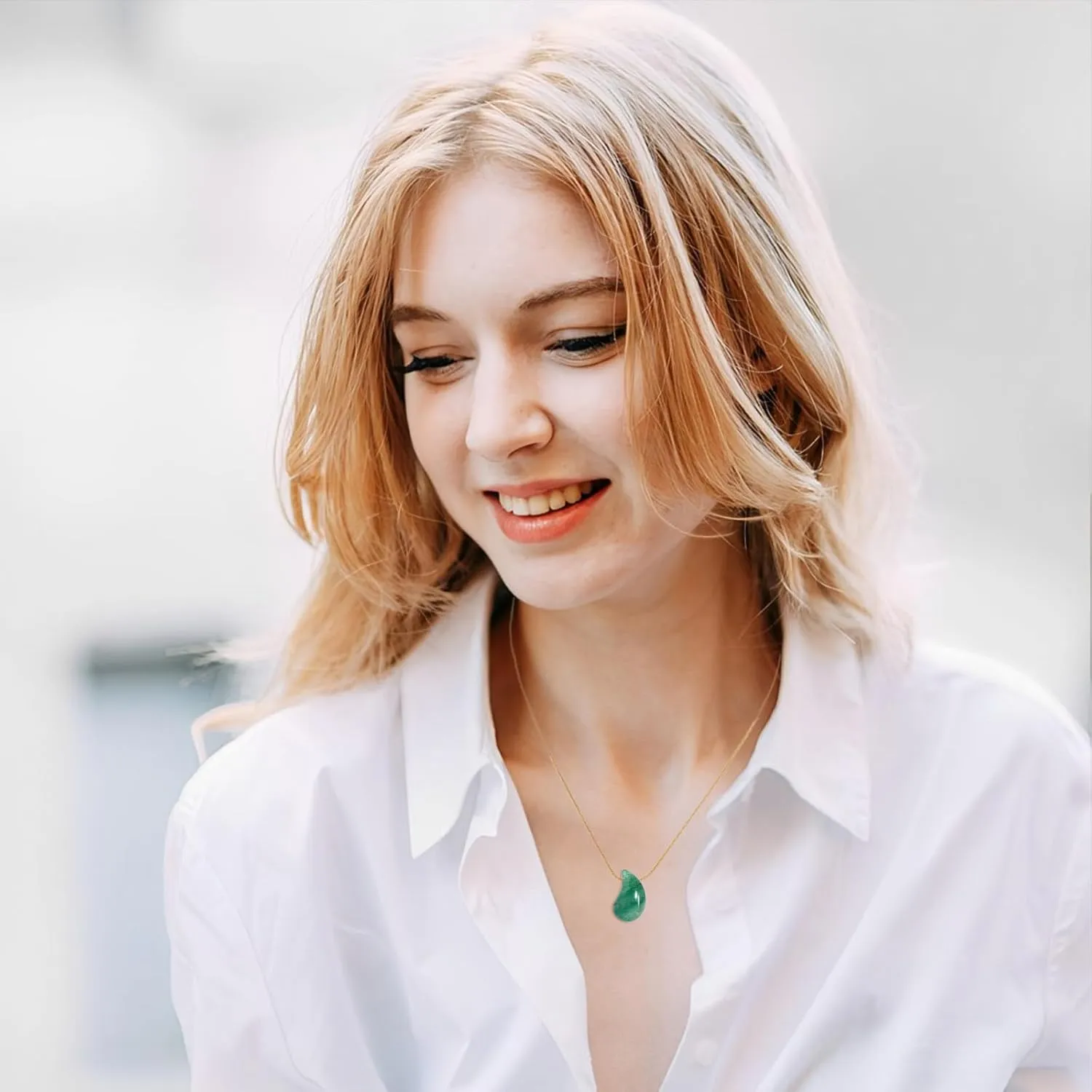 Natural Gemstone Teardrop Necklace Pendant for Women 18K Real Gold Plated Stone Chain Necklace Healing Turquoise/Pink Crystal/Lapis Lauzli/Green Aventurine Jewelry Gift for Wife Girlfriend