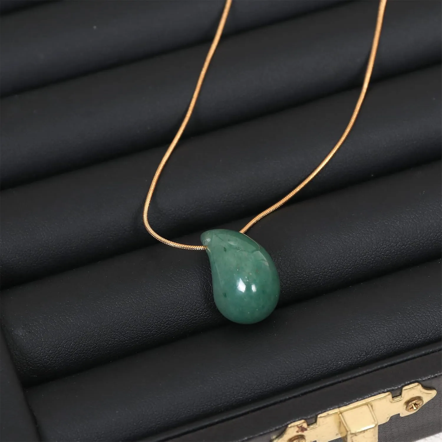 Natural Gemstone Teardrop Necklace Pendant for Women 18K Real Gold Plated Stone Chain Necklace Healing Turquoise/Pink Crystal/Lapis Lauzli/Green Aventurine Jewelry Gift for Wife Girlfriend