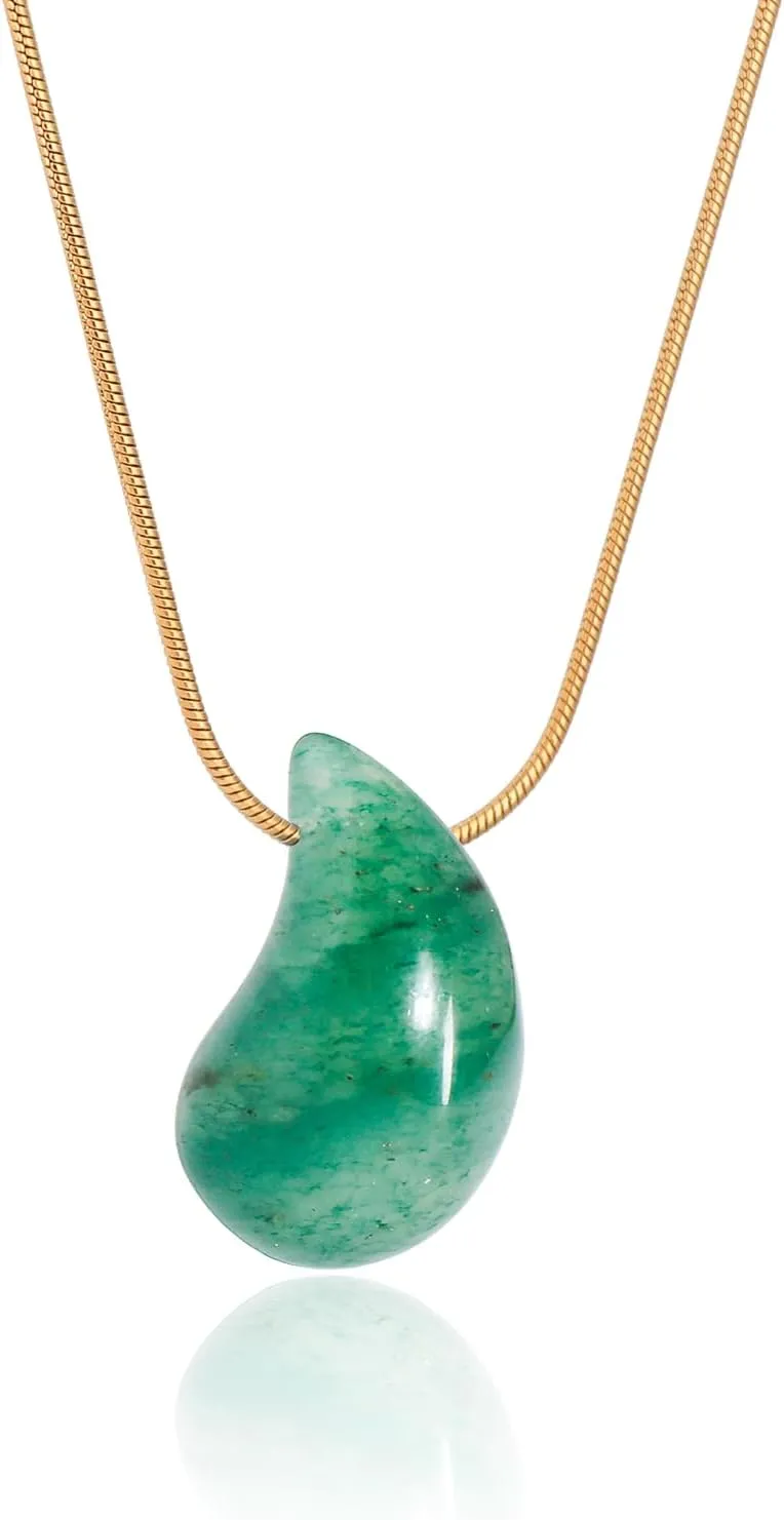Natural Gemstone Teardrop Necklace Pendant for Women 18K Real Gold Plated Stone Chain Necklace Healing Turquoise/Pink Crystal/Lapis Lauzli/Green Aventurine Jewelry Gift for Wife Girlfriend